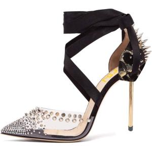 imageFSJ Women High Heel Ankle Strap Sandals Pointed Toe Rivets Pumps PVC Club Dress Shoes with Studs Fashion Size 415 USSnake Print