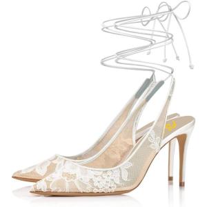 imageFSJ Women High Heel Ankle Strap Sandals Pointed Toe Rivets Pumps PVC Club Dress Shoes with Studs Fashion Size 415 USWhite Mesh