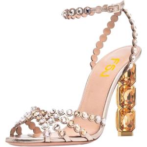 imageFSJ Women Jeweled High Heel Sandals Rhinestones Diamonds Chunky Block Heel Ankle Strap Buckle Open Toe Fashion Party Evening Wedding Dress Shoes Size 415 USChampagne