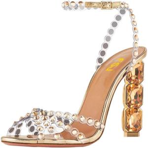 imageFSJ Women Jeweled High Heel Sandals Rhinestones Diamonds Chunky Block Heel Ankle Strap Buckle Open Toe Fashion Party Evening Wedding Dress Shoes Size 415 USGold