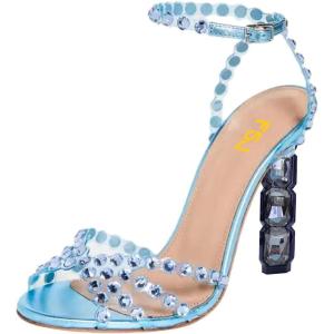 imageFSJ Women Jeweled High Heel Sandals Rhinestones Diamonds Chunky Block Heel Ankle Strap Buckle Open Toe Fashion Party Evening Wedding Dress Shoes Size 415 USLight Blue