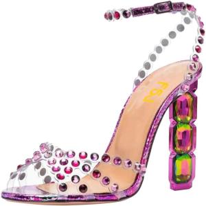 imageFSJ Women Jeweled High Heel Sandals Rhinestones Diamonds Chunky Block Heel Ankle Strap Buckle Open Toe Fashion Party Evening Wedding Dress Shoes Size 415 USPurple