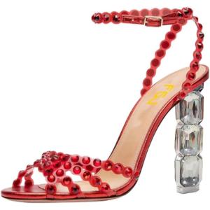 imageFSJ Women Jeweled High Heel Sandals Rhinestones Diamonds Chunky Block Heel Ankle Strap Buckle Open Toe Fashion Party Evening Wedding Dress Shoes Size 415 USRed