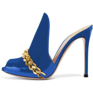 imageFSJ Women Pointed Toe Slide Mule Sandal Slippers Stiletto High Heels Loafers Slip on Backless Shoes 415 M USBlue Chain