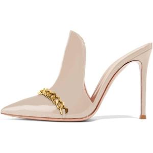 imageFSJ Women Pointed Toe Slide Mule Sandal Slippers Stiletto High Heels Loafers Slip on Backless Shoes 415 M USNude Chain