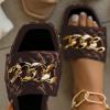 imageFSJ Women Sexy Square Open Toe Comfortable Flat Thick Sole Cushion Sandals Fashion Gold Chain Style Slip On Slides Checkered Strap Studded Daily Ladies Summer Shoes Size 415 USBrown