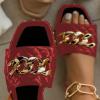 imageFSJ Women Sexy Square Open Toe Comfortable Flat Thick Sole Cushion Sandals Fashion Gold Chain Style Slip On Slides Checkered Strap Studded Daily Ladies Summer Shoes Size 415 USRed