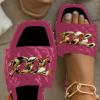 imageFSJ Women Sexy Square Open Toe Comfortable Flat Thick Sole Cushion Sandals Fashion Gold Chain Style Slip On Slides Checkered Strap Studded Daily Ladies Summer Shoes Size 415 USFuchsia