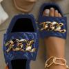imageFSJ Women Sexy Square Open Toe Comfortable Flat Thick Sole Cushion Sandals Fashion Gold Chain Style Slip On Slides Checkered Strap Studded Daily Ladies Summer Shoes Size 415 USBlue