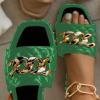 imageFSJ Women Sexy Square Open Toe Comfortable Flat Thick Sole Cushion Sandals Fashion Gold Chain Style Slip On Slides Checkered Strap Studded Daily Ladies Summer Shoes Size 415 USForest Green