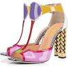 imageFSJ Women Multicolor Sandals Gold Metal Chain Thick High Heel Open Peep Toe T Strappy Ankle Strap Back Zipper Ladies Comfy Summer Dress Shoes 415 USPink White
