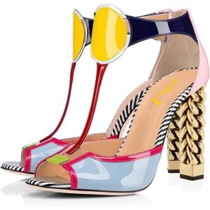imageFSJ Women Multicolor Sandals Gold Metal Chain Thick High Heel Open Peep Toe T Strappy Ankle Strap Back Zipper Ladies Comfy Summer Dress Shoes 415 USMulticolored 3