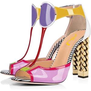 imageFSJ Women Multicolor Sandals Gold Metal Chain Thick High Heel Open Peep Toe T Strappy Ankle Strap Back Zipper Ladies Comfy Summer Dress Shoes 415 USPink White