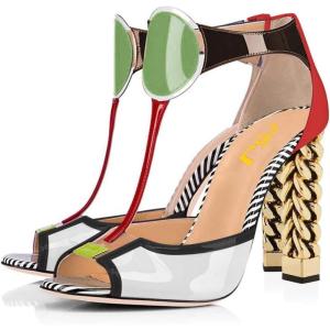 imageFSJ Women Multicolor Sandals Gold Metal Chain Thick High Heel Open Peep Toe T Strappy Ankle Strap Back Zipper Ladies Comfy Summer Dress Shoes 415 USWhite Red