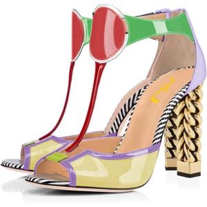 imageFSJ Women Multicolor Sandals Gold Metal Chain Thick High Heel Open Peep Toe T Strappy Ankle Strap Back Zipper Ladies Comfy Summer Dress Shoes 415 USYellow Purple