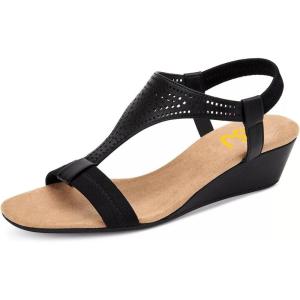 imageFSJ Women Open Toe Low Wedge Heel Sandals TStrap Comfy Padded Sole Ankle Strap Casual Beach Travel Summer Sandals Size 415 USBlack