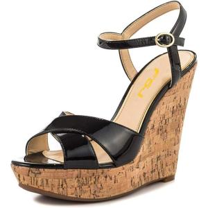 imageFSJ Women Peep Toe Platform Sandals Cork Wedge High Heel Ankle Strap Summer Party Pump Shoes Size 415 USBlack
