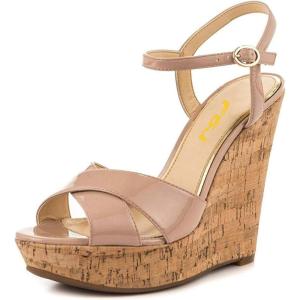 imageFSJ Women Peep Toe Platform Sandals Cork Wedge High Heel Ankle Strap Summer Party Pump Shoes Size 415 USNude