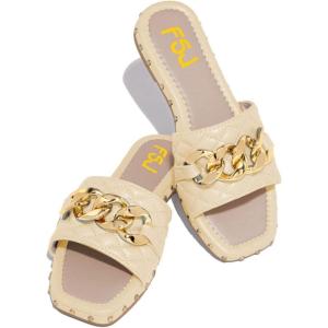 imageFSJ Women Sexy Square Open Toe Comfortable Flat Thick Sole Cushion Sandals Fashion Gold Chain Style Slip On Slides Checkered Strap Studded Daily Ladies Summer Shoes Size 415 USBeige
