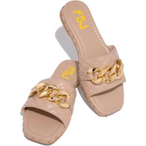 imageFSJ Women Sexy Square Open Toe Comfortable Flat Thick Sole Cushion Sandals Fashion Gold Chain Style Slip On Slides Checkered Strap Studded Daily Ladies Summer Shoes Size 415 USNude