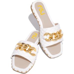 imageFSJ Women Sexy Square Open Toe Comfortable Flat Thick Sole Cushion Sandals Fashion Gold Chain Style Slip On Slides Checkered Strap Studded Daily Ladies Summer Shoes Size 415 USWhite