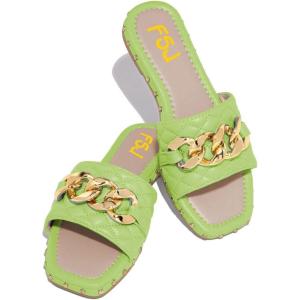 imageFSJ Women Sexy Square Open Toe Comfortable Flat Thick Sole Cushion Sandals Fashion Gold Chain Style Slip On Slides Checkered Strap Studded Daily Ladies Summer Shoes Size 415 USGreen