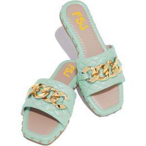 imageFSJ Women Sexy Square Open Toe Comfortable Flat Thick Sole Cushion Sandals Fashion Gold Chain Style Slip On Slides Checkered Strap Studded Daily Ladies Summer Shoes Size 415 USTurquoise