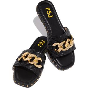 imageFSJ Women Sexy Square Open Toe Comfortable Flat Thick Sole Cushion Sandals Fashion Gold Chain Style Slip On Slides Checkered Strap Studded Daily Ladies Summer Shoes Size 415 USBlack