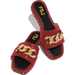 imageFSJ Women Sexy Square Open Toe Comfortable Flat Thick Sole Cushion Sandals Fashion Gold Chain Style Slip On Slides Checkered Strap Studded Daily Ladies Summer Shoes Size 415 USRed