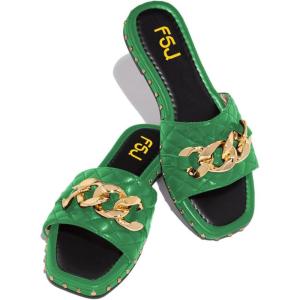 imageFSJ Women Sexy Square Open Toe Comfortable Flat Thick Sole Cushion Sandals Fashion Gold Chain Style Slip On Slides Checkered Strap Studded Daily Ladies Summer Shoes Size 415 USForest Green