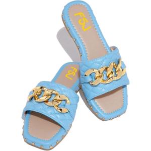 imageFSJ Women Sexy Square Open Toe Comfortable Flat Thick Sole Cushion Sandals Fashion Gold Chain Style Slip On Slides Checkered Strap Studded Daily Ladies Summer Shoes Size 415 USSky Blue