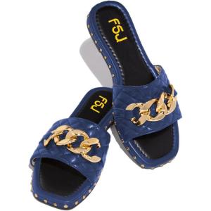 imageFSJ Women Sexy Square Open Toe Comfortable Flat Thick Sole Cushion Sandals Fashion Gold Chain Style Slip On Slides Checkered Strap Studded Daily Ladies Summer Shoes Size 415 USBlue
