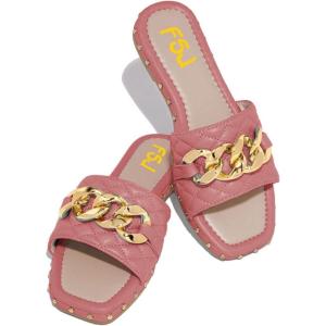 imageFSJ Women Sexy Square Open Toe Comfortable Flat Thick Sole Cushion Sandals Fashion Gold Chain Style Slip On Slides Checkered Strap Studded Daily Ladies Summer Shoes Size 415 USVioletred