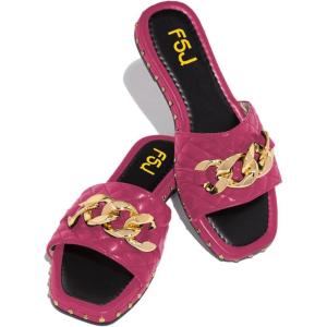 imageFSJ Women Sexy Square Open Toe Comfortable Flat Thick Sole Cushion Sandals Fashion Gold Chain Style Slip On Slides Checkered Strap Studded Daily Ladies Summer Shoes Size 415 USFuchsia
