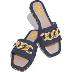 imageFSJ Women Sexy Square Open Toe Comfortable Flat Thick Sole Cushion Sandals Fashion Gold Chain Style Slip On Slides Checkered Strap Studded Daily Ladies Summer Shoes Size 415 USNavyblue