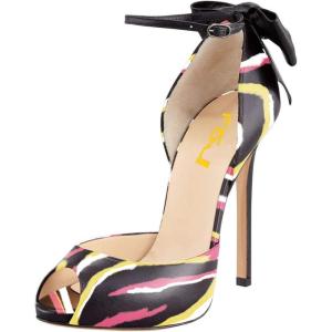 imageFSJ Women Stiletto High Heels Sandals Peep Toe Pumps Ankle Straps Bows Bridal Dress Party Shoes with Buckle Size 415 USPink  Yellow Stripe