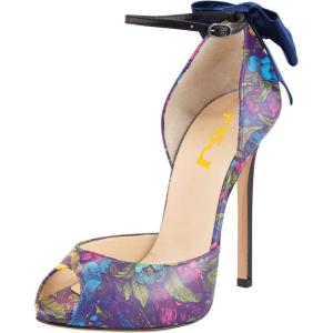 imageFSJ Women Stiletto High Heels Sandals Peep Toe Pumps Ankle Straps Bows Bridal Dress Party Shoes with Buckle Size 415 USPurple Floral