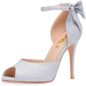 imageFSJ Women Stiletto High Heels Sandals Peep Toe Pumps Ankle Straps Bows Bridal Dress Party Shoes with Buckle Size 415 USSilver Glitter