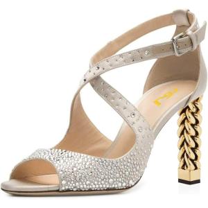 imageWomen Chic Gold Metal Chain Block High Heels Pumps Cross Strap Closed Open Toe Shoes Size 415 USBeige Satin