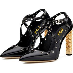 imageWomen Chic Gold Metal Chain Block High Heels Pumps Cross Strap Closed Open Toe Shoes Size 415 USBlack1