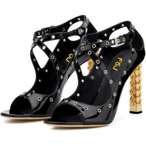imageWomen Chic Gold Metal Chain Block High Heels Pumps Cross Strap Closed Open Toe Shoes Size 415 USBlack2