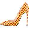 imageFSJ Women Fashion High Heel Pump Stilettos Pointy Toe Evening Party Dress Print Shoes Size 415 USYellow Plaid