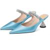 imageFSJ Women Rhinestone Cone Low Heel Mules Closed Pointed Toe One Strap Sandals Slip On Backless Bridal Party Dress Shoes Size 415 USBaby Blue Lustrous Leather