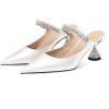 imageFSJ Women Rhinestone Cone Low Heel Mules Closed Pointed Toe One Strap Sandals Slip On Backless Bridal Party Dress Shoes Size 415 USWhite Lustrous Leather