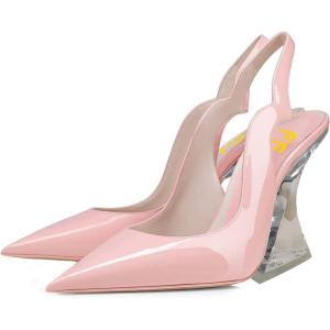imageFSJ Women Chic Pointed Toe Slingback Pumps Sexy Transparent Chunky High Heel Slip On Graduation Homecoming Dress Shoes Size 415 USPink