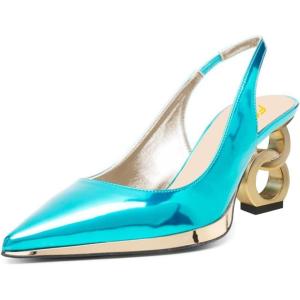 imageFSJ Women Classic Gold Chain Chunky Heel Slingback Pumps Pointed Toe Special Dressy High Heel Casual Wedding Office Shoes Size 416 USAqua Blue Metallic