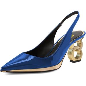 imageFSJ Women Classic Gold Chain Chunky Heel Slingback Pumps Pointed Toe Special Dressy High Heel Casual Wedding Office Shoes Size 416 USBlue