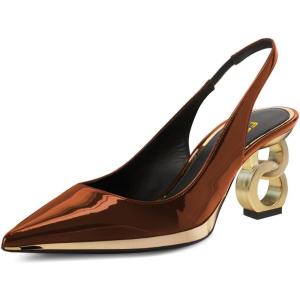 imageFSJ Women Classic Gold Chain Chunky Heel Slingback Pumps Pointed Toe Special Dressy High Heel Casual Wedding Office Shoes Size 416 USBrown