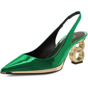 imageFSJ Women Classic Gold Chain Chunky Heel Slingback Pumps Pointed Toe Special Dressy High Heel Casual Wedding Office Shoes Size 416 USGreen