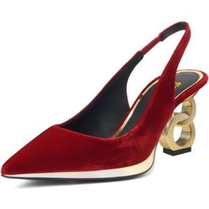 imageFSJ Women Classic Gold Chain Chunky Heel Slingback Pumps Pointed Toe Special Dressy High Heel Casual Wedding Office Shoes Size 416 USRed Velvet